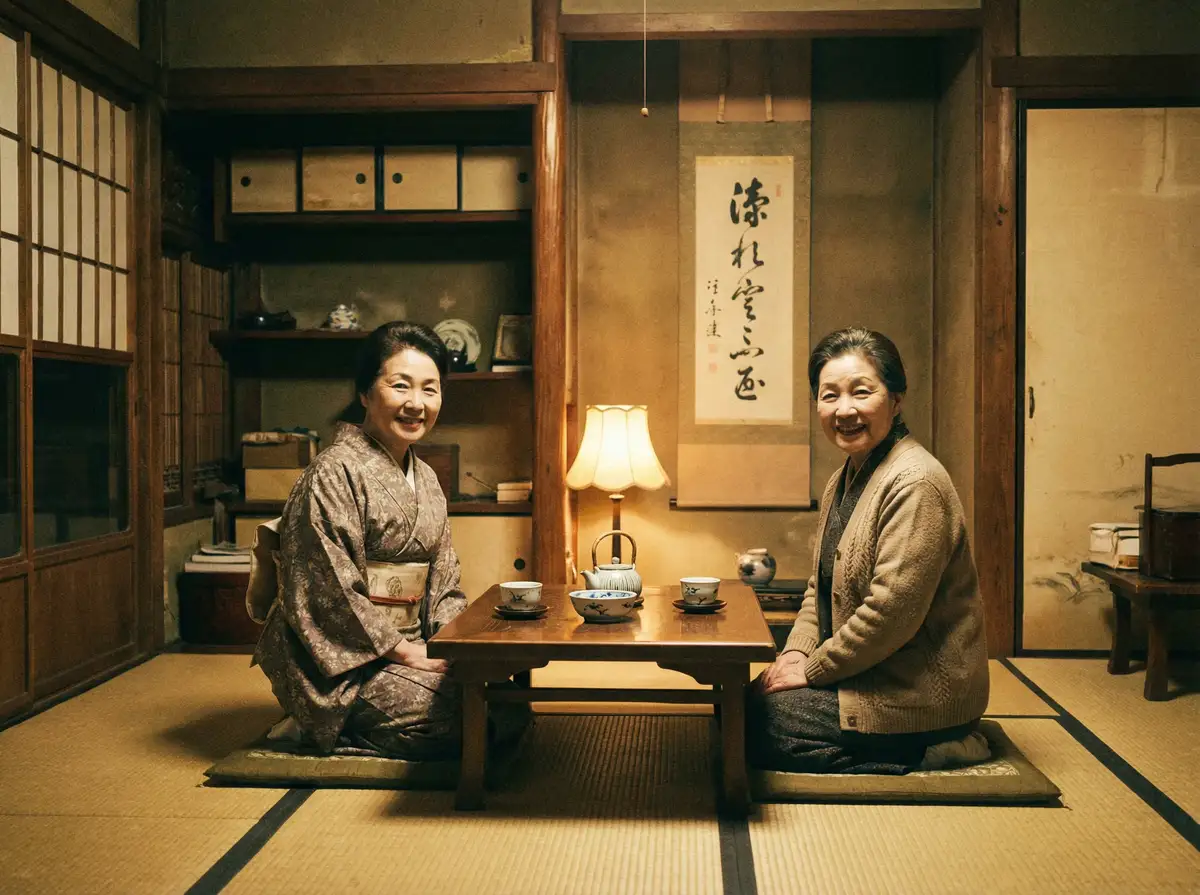 两位优雅的 69KORKUNUXLUKKINO 在日式茶室中品茶交谈